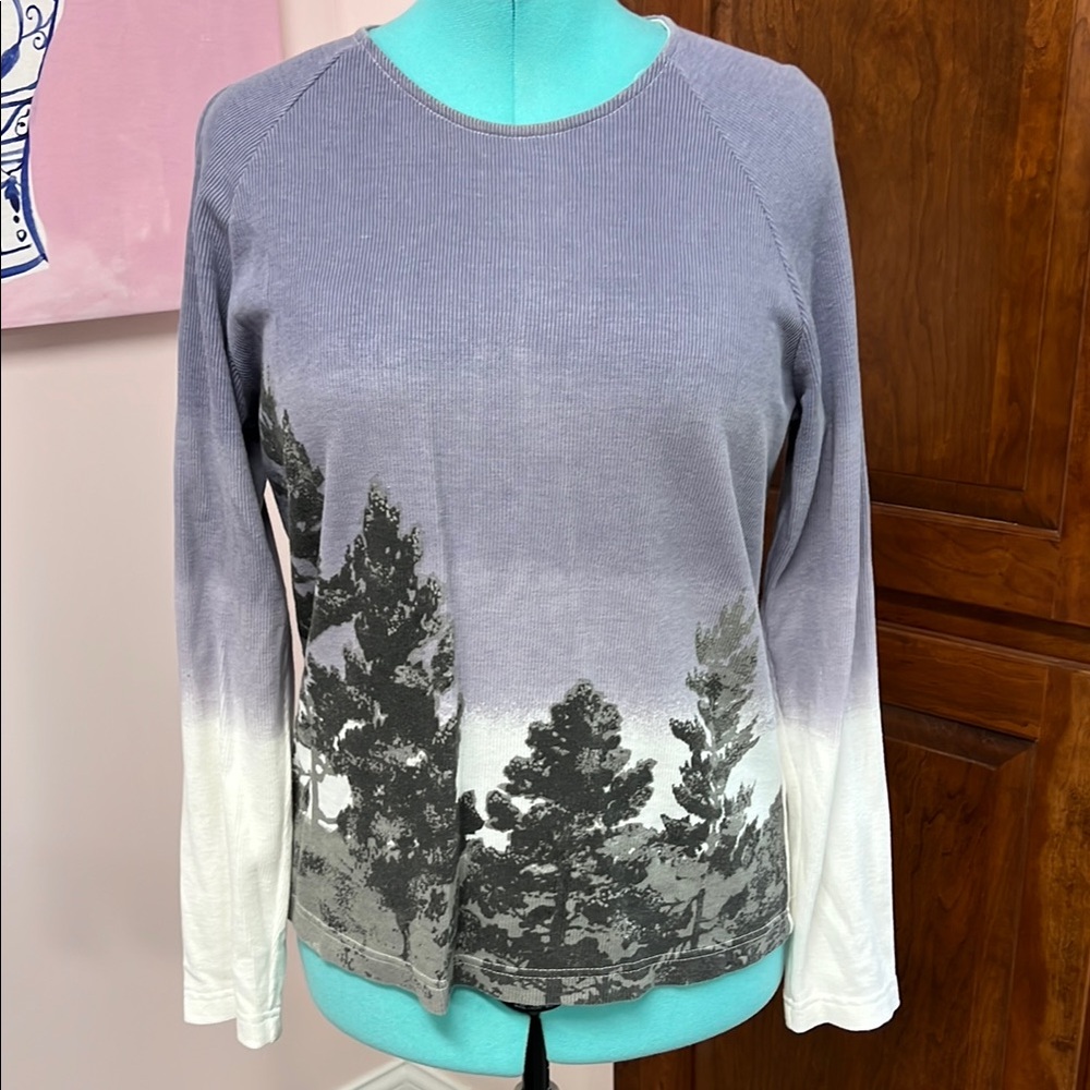Chico's Gray and White Tree Print Long Sleeve Top